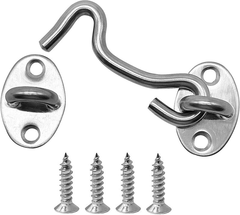 CUKAYO 4 Pack 3" Hook and Eye Gate Latch, Stainless Steel Rust-Resistant Barn Door Lock Cabin Hooks for Gate Shutters Window Slide Barn Shed Cabinet Bathroom, with 16pcs Screw,Silver - Image 1
